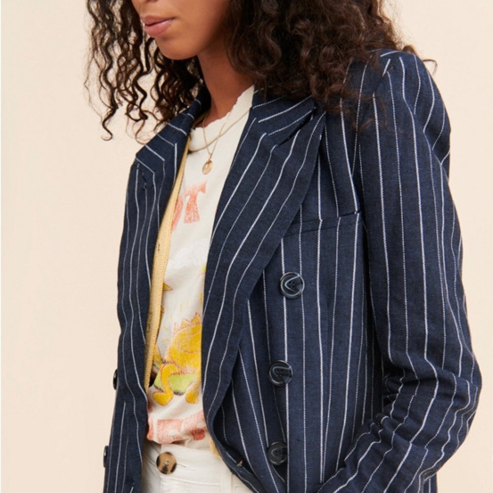 Free People Ashby Double-Breasted Blazer in Navy Pinstripe - Picture 2 of 9